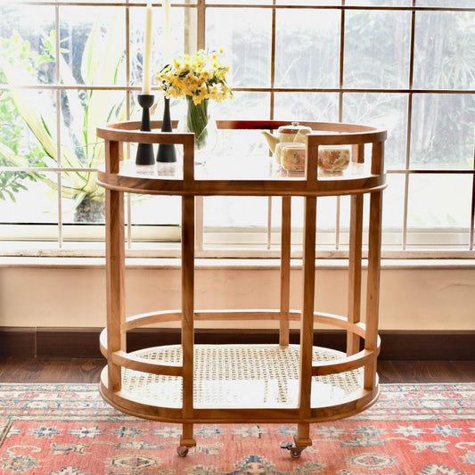 "Willow rattan tea trolley with wood frame and wheels"
