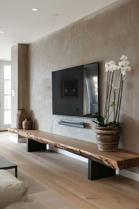 "Wood and metal TV console front view"
