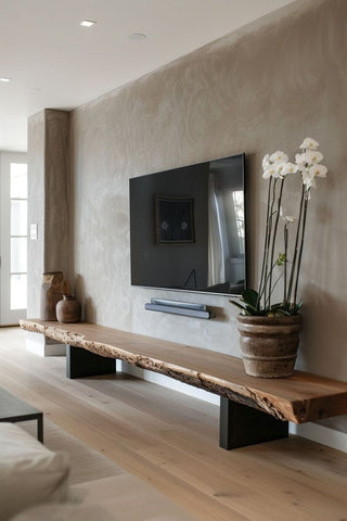 "Wood and metal TV console front view"