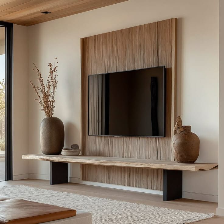 "Wood and metal TV console in living room setting"