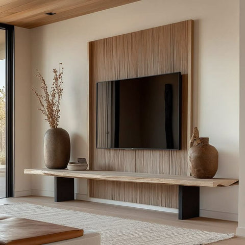 "Wood and metal TV console in living room setting"