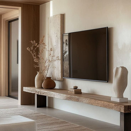 "Wood and metal TV console with glossy finish"