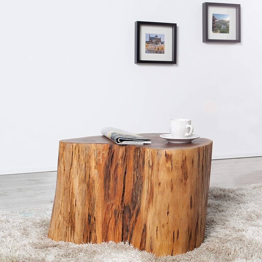 Wood log stool showing organic bark edge, front view