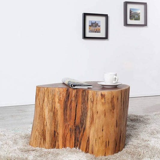 Wood log stool showing organic bark edge, front view