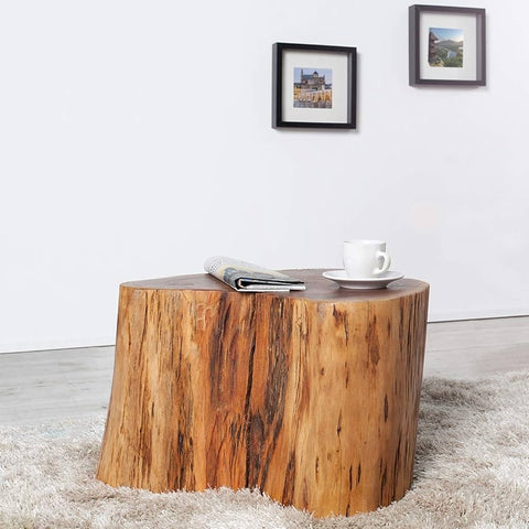 Wood log stool showing organic bark edge, front view