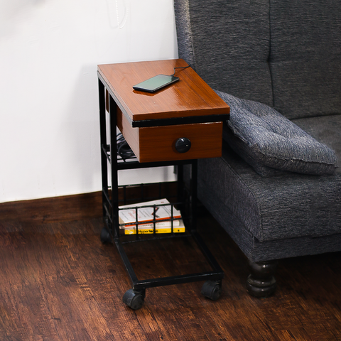 Wooden C-Side Table with Power Outlet & Rack