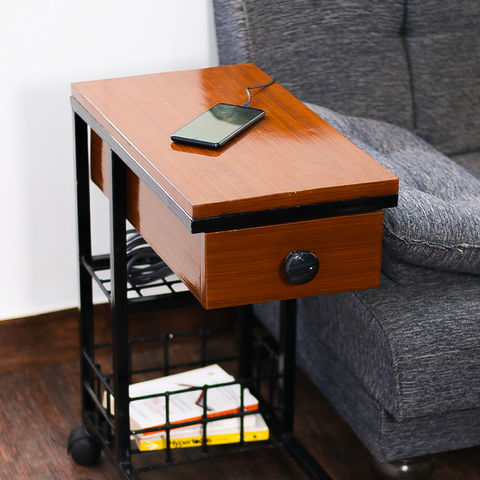 Wooden C-Side Table with Power Outlet & Rack