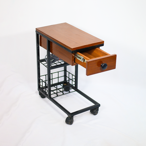 Wooden C-Side Table with Power Outlet & Rack