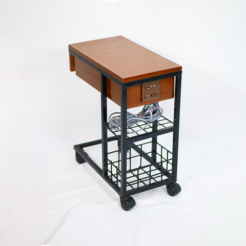 Wooden C-Side Table with Power Outlet & Rack