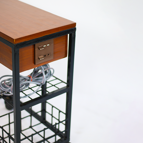 Wooden C-Side Table with Power Outlet & Rack