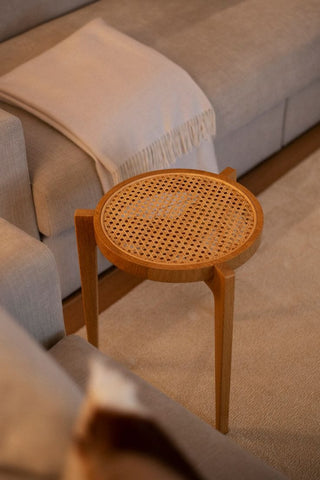R15 Harvest: Rattan Stool (Pair), Wooden Stool with Handwoven Rattan Seat, Rustic Natural Charm