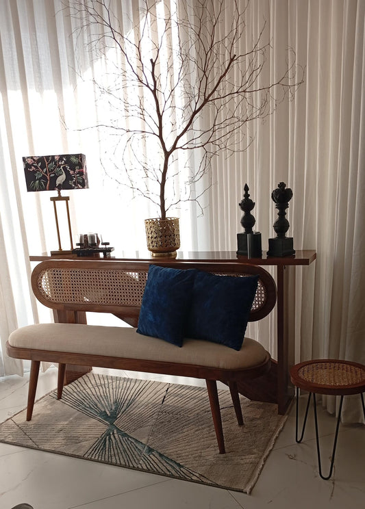 R40RootCraft: Weave Bench, Wooden Bench with Handwoven Rattan Seat, Rustic & Versatile Seating