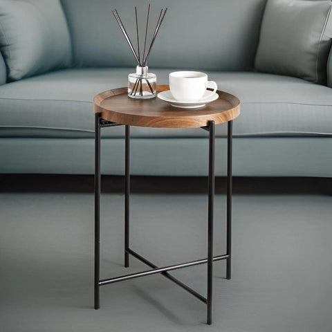 H58Forgewood: Round Coffee Table(pair), Round Iron & Solid Wood Coffee Table, Rustic Industrial Living Room Furniture