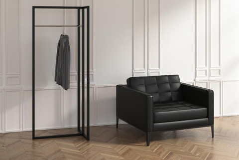 freestanding metal clothes rack close-up