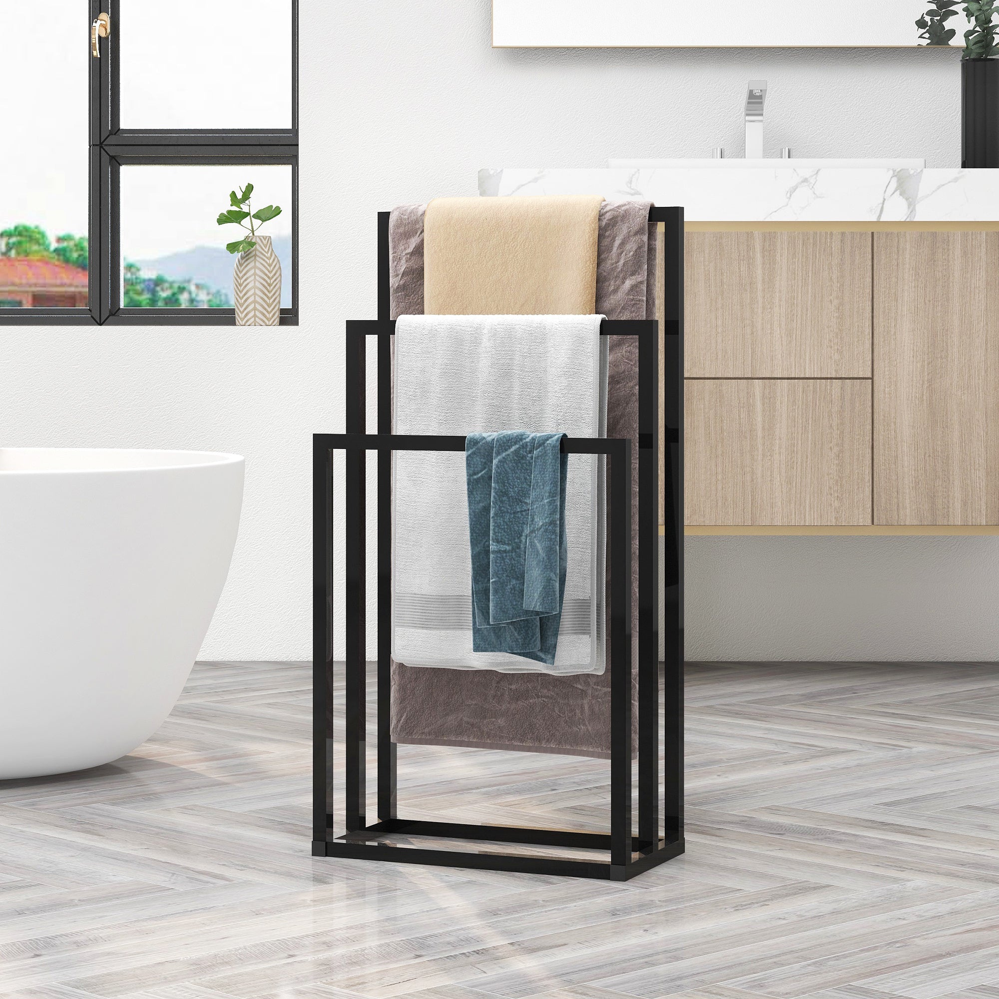 freestanding metal towel rack angle view
