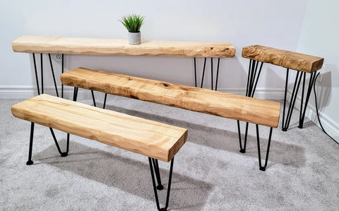 L24 Loom: Live Edge Bench with Hairpin Legs, Rustic Modern Entryway, Modern Room Furniture, Unique Plant Display