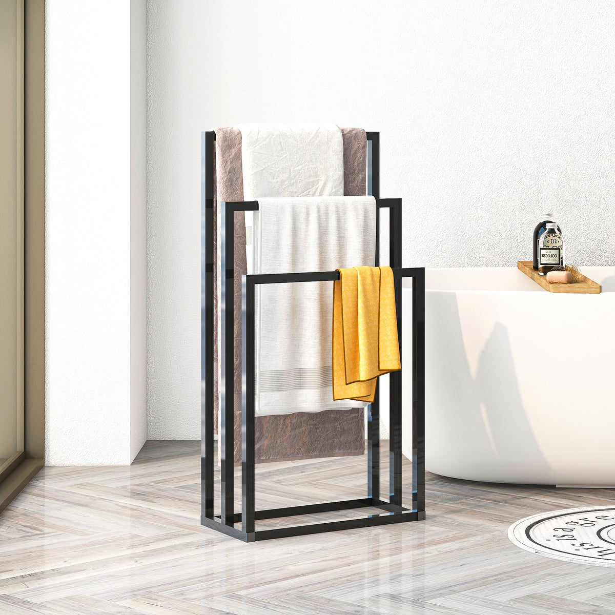 matte black metal towel stand close-up