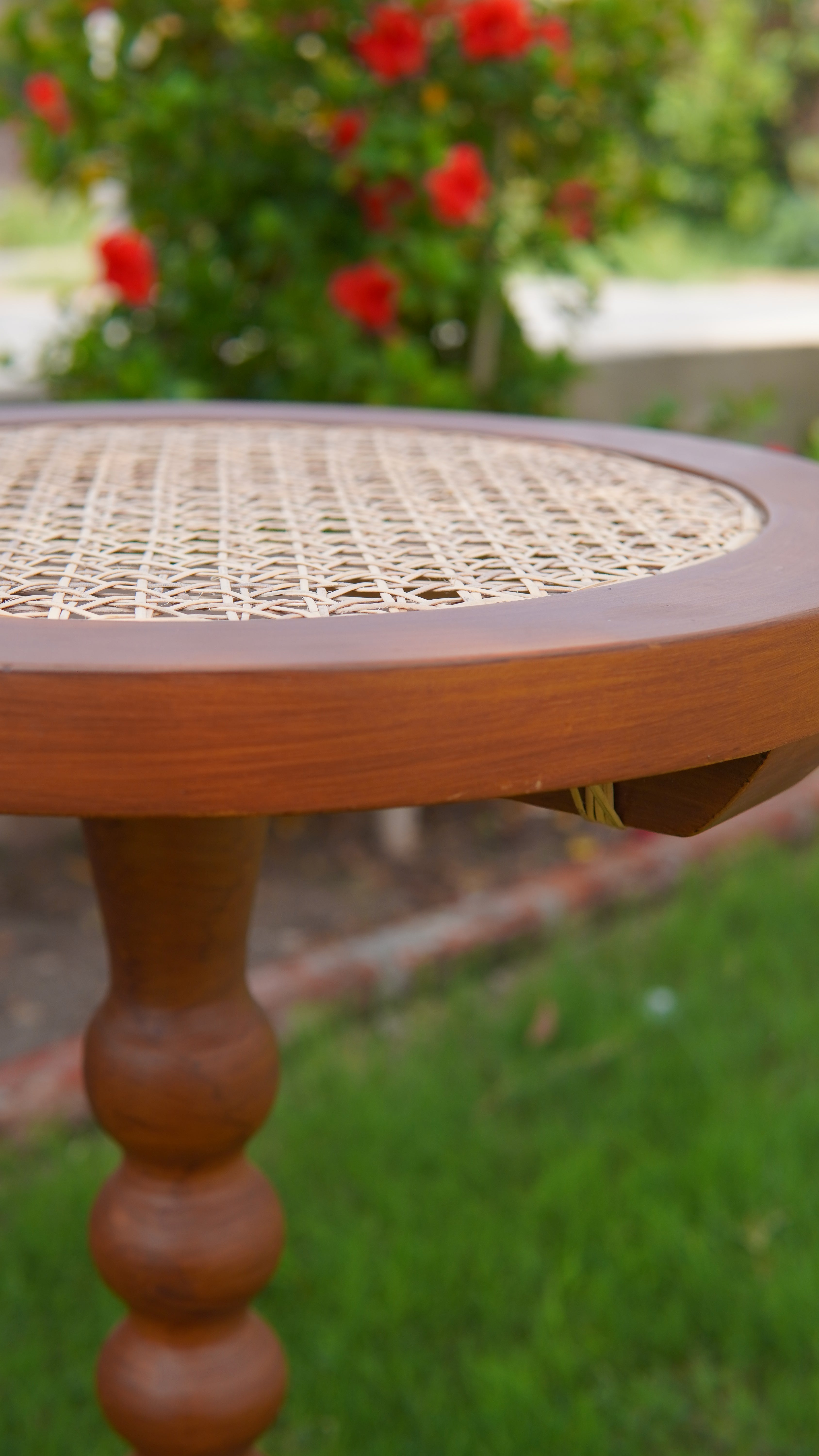 "Rattan side table used as coffee table"