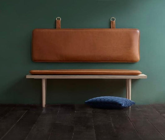 wooden bench with leatherette cushion seat