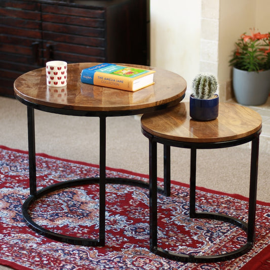 Sheesham Solid Wood Round Nesting Table | Set of 2